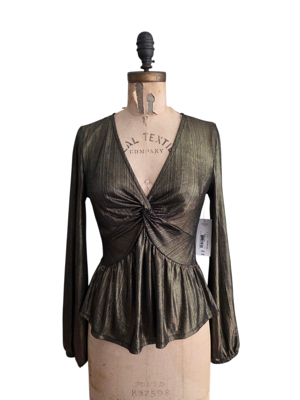 BOLD elements Gold Long Sleeve Twist Peplum Top S NWT